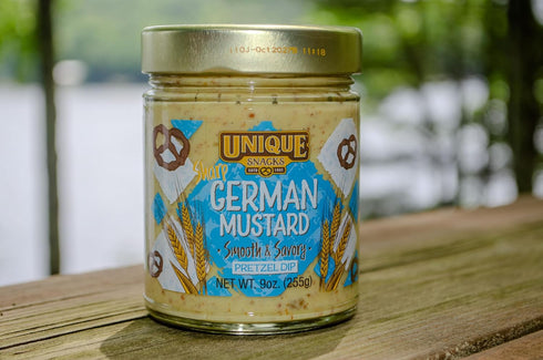 Pack 4 Unique Snacks Sharp German Mustard Dip, Whole Grain Mustard Seeds, Pretzel Dip, Non-GMO