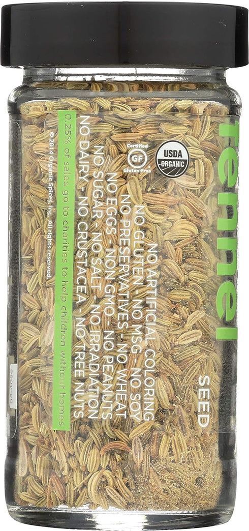 Spicely Organic Fennel Seeds Whole 1.10 Ounce Jar Certified Gluten Free