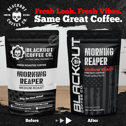 12oz Blackout Coffee Morning Reaper Ground Coffee Medium Roast, Bold & Strong Flavor Freshly Roasted Bag.