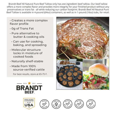 100% 64 oz (4 lb) Brandt Beef Tallow Pure Beef Tallow for Cooking | Tub Beef Tallow for Deep Frying | High Smoke Point