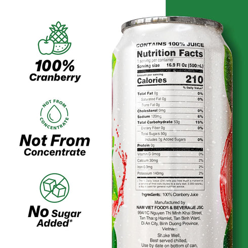 100% 16.9 oz (500 mL) Pack 12 VINUT Cranberry Juice, No Added Sugar, Not From Concentrate, fl Can