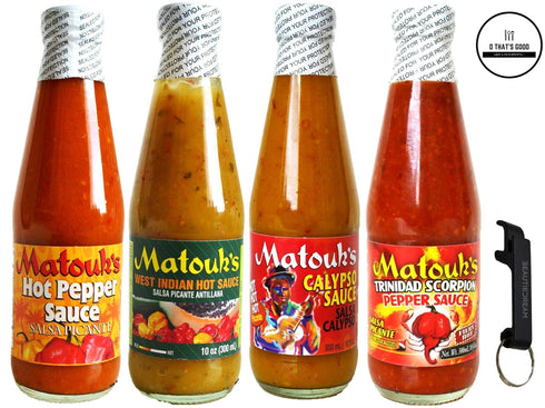 Matouk's Pack 4 Packaging (Pack 4) Trinidad Scorpion, Hot Pepper, West Indian, Calypso Hot Sauce Variety