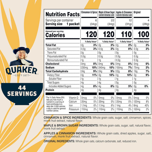 4 Pack 44 Count (Pack 1) Quaker Instant Oatmeal Lower Sugar, Flavor Variety