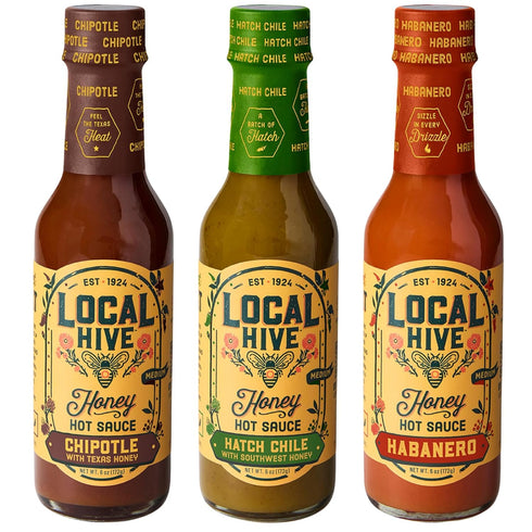 Local Hive Honey Pack 3-Pack Local Hive BBQ Bold Chipotle, Hatch Chile & Habanero Hot Sauces with Raw Honey