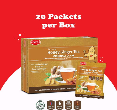 Pocas 2-Pack 20 Packets Honey Ginger Instant Tea Powder with Ginger Extract and Real Sweetener, Caffeine-Free Tea, per