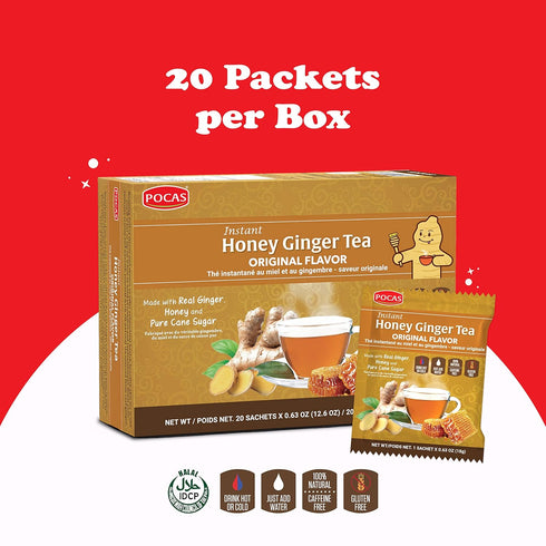 Pocas 2-Pack, 20 Packets Honey Ginger Instant Tea Powder, Turmeric Flavor Ginger Extract & Real Sweetener