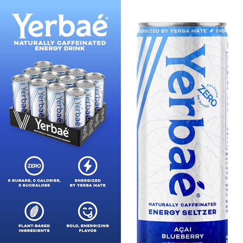 Pack 12, 12oz Yerba Energy Seltzer - Acai Blueberry, No Sugar/Calories/Carbs. Energized by Yerba Mate, Naturally