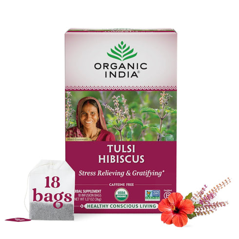 Organic India Tulsi Hibiscus Herbal Tea - Holy Basil, Stress Relieving, Immune Support, Vegan, USDA Organic, 18
