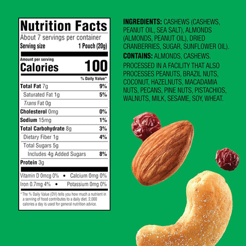 7 (1-Pack) 100-Calorie Packs Emerald Nuts Cashews and Almonds with Dried Cranberries Ct | Individual of Nut Blend