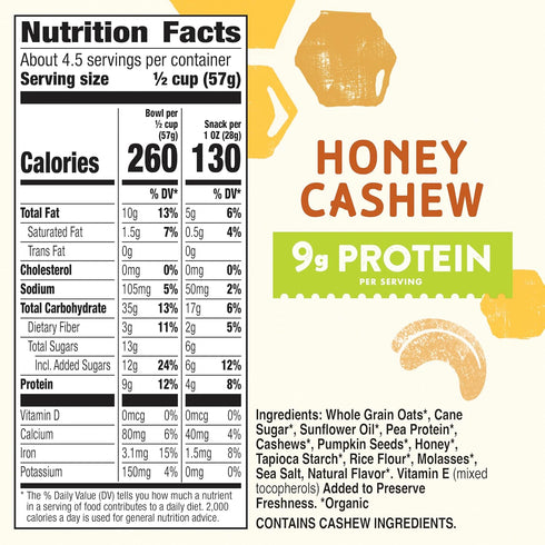 9 oz Cascadian Farm Organic Honey Cashew Granola, Protein Granola, Non-GMO, Resealable Pouch