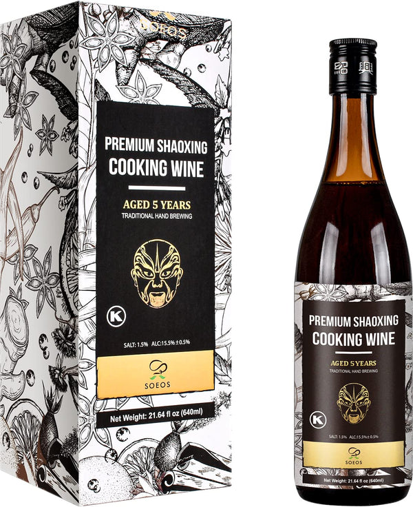 Soeos Cooking Wine - Shaoxing Rice Wine, 21.64 fl oz (640 ml), Premium 5 Year Aged Cooking Wine