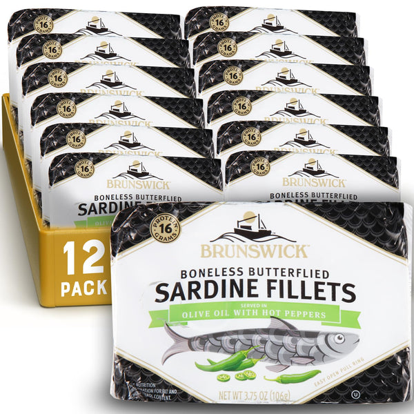 Brunswick Sardines in Olive Oil with Hot Peppers, 3.75 oz Can (Pack