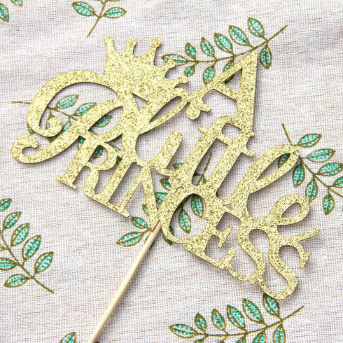 A Little Princess with Crown Cake Topper - Gold Glitter Baby Birthday Party Decoration
