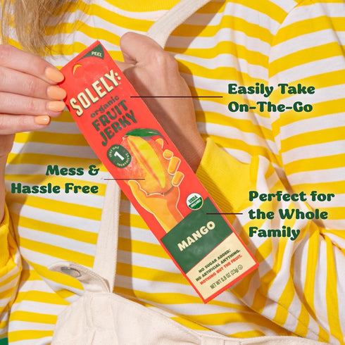 12 0.8oz (23g) SOLELY - Organic Mango Raspberry Fruit Jerky - Individually Wrapped Fruit Strips - Fruit Leather