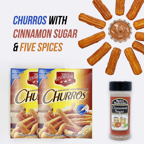 3 Tres Estrellas Churros Mix with Spice Supreme Cinnamon Sugar, Pc. Bundle, Authentic Mexican Batter Powder for Crunchy
