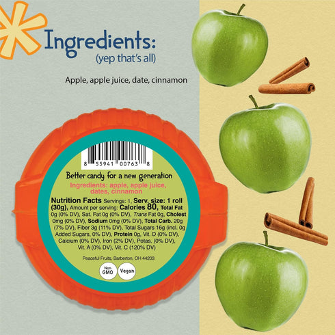 100% 12 Packs Peaceful Fruits Fruit Tape - Apple Pie - - Just Fruit - No Added Sugars, No Sugar Substitutes, No Dyes