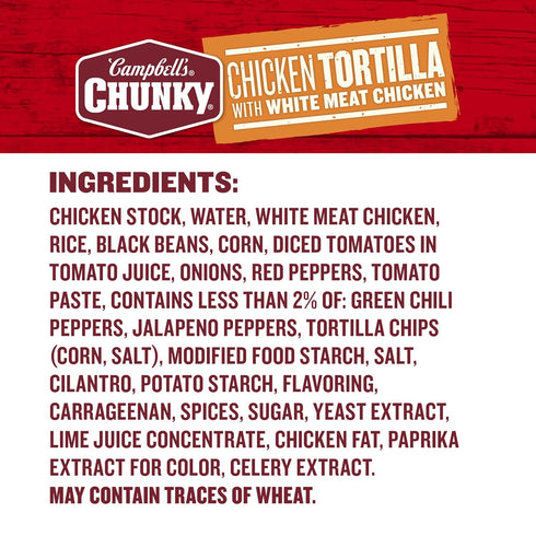 18.6 Oz 12) Campbell's Chunky Soup, Chicken Tortilla Soup with Grilled White Meat Chicken, Can (Case