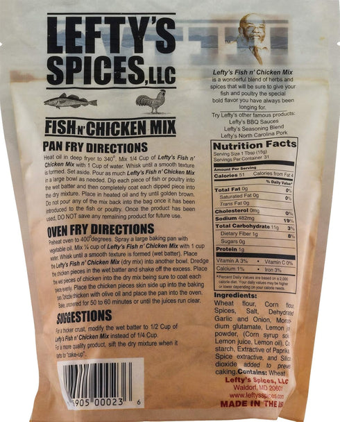 16oz (Pack 3) Lefty's Spices Fish N' Chicken Mix for Oven, Pan or Deep Fry Bag of Chose Flavor Below (Spicy)