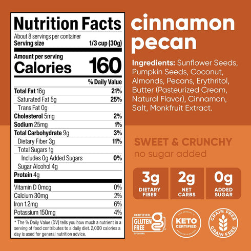 8 oz. 3 Count NuTrail Nut Granola Cereal, Cinnamon Pecan, No Sugar Added, Gluten Free, Grain Free, Keto, Low Carb