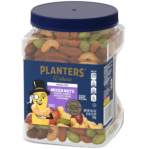 34.5 oz PLANTERS Unsalted Premium Nuts Resealable Container- Contains Roasted California Pistachios, Cashews, Almonds