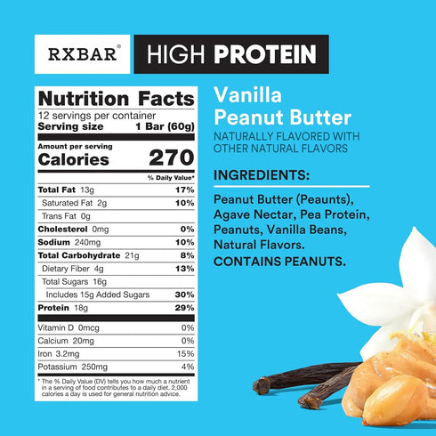 25.3oz (12 RXBAR High Protein Bars, Gluten Free, Protein Snacks, Vanilla Peanut Butter, Box Bars)
