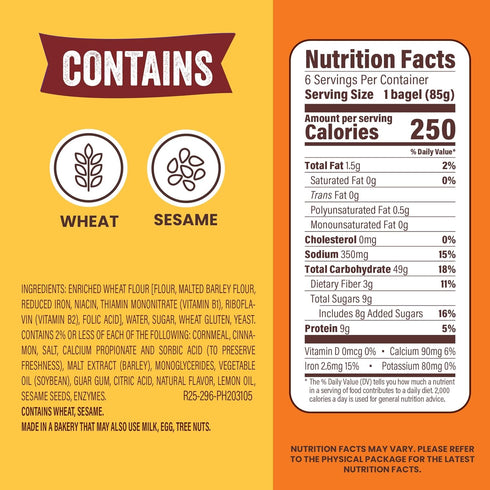 THOMAS' 6 count, (3.0 oz 9g 18 oz Cinnamon Swirl Bagels, each), Protein, Kosher Cinnamon Bagels, Bag