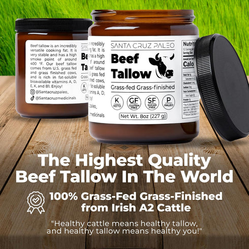 100% B1, 8 Oz Santa Cruz Paleo Beef Tallow for Skin Care & Cooking, Grass Fed and Finished, Gluten Free, Keto, Sugar