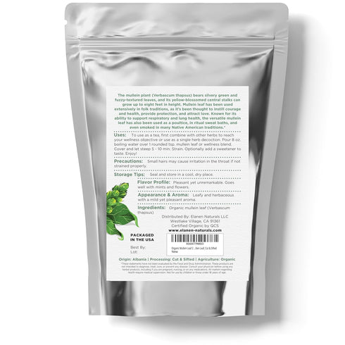 2 oz. (57g), Elanen Naturals Organic Mullein Leaf USDA Certified Organic Mullein Leaf Tea, Mullen Leaves, Mullin Leaf