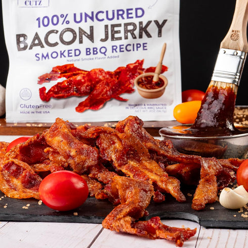 24g (2 Smoked BBQ Bacon Jerky, Protein Per Bag, Tender & Easy to Chew Fully Cooked Bacon, USA Made High Protein