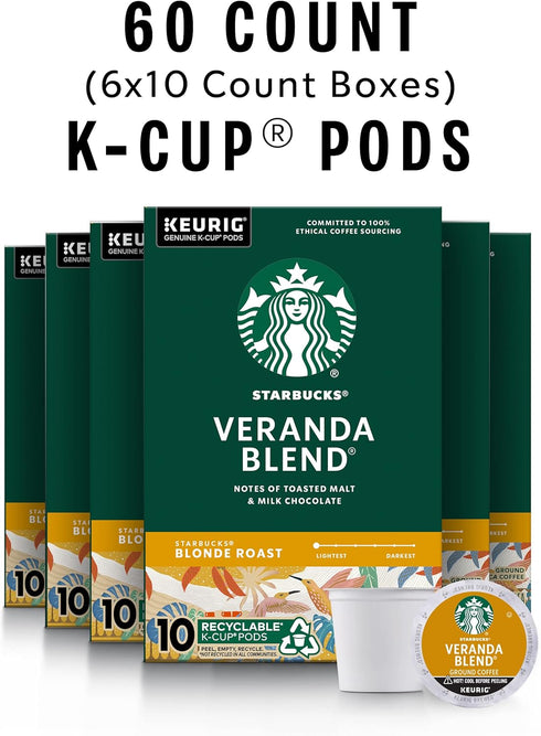 60 Starbucks K-Cup Coffee Pods, Starbucks Blonde Roast Hot or Iced Coffee, Veranda Blend, Keurig Pods