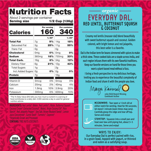 10oz Pack 6 Maya Kaimal - Organic Indian Everyday Dal - Red Lentil - Fully Cooked with Butternut Squash and Coconut