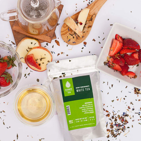 3 oz 30 Elevate Tea Berry Pomegranate Tea, Loose Leaf White Tea, Medium Caffeine, Pouch - Cups, Hot & Iced Tea, No