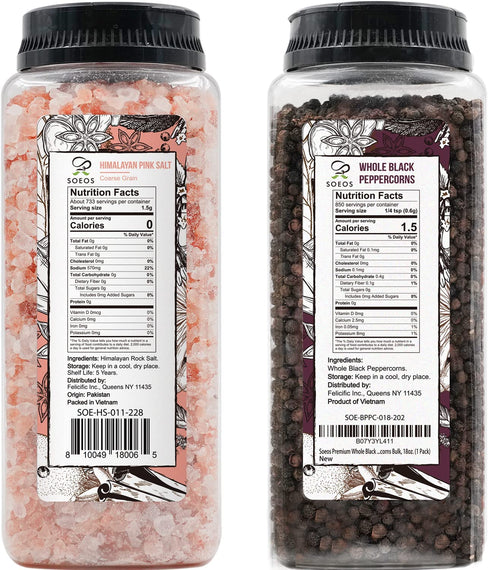 Soeos Himalayan Pink Salt 39 oz + Whole Black Peppercorns 18 oz, Kosher Bulk, Coarse Salt, for Grinder Refill, Peppercorns, Pepper and Grinder, Non-GMO Verified, Kosher, Spice Seasoning Set For Cooking