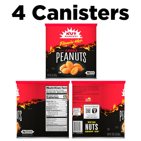 16 oz (4 Pack) Nut Harvest, Flamin' Hot Peanuts, Canisters