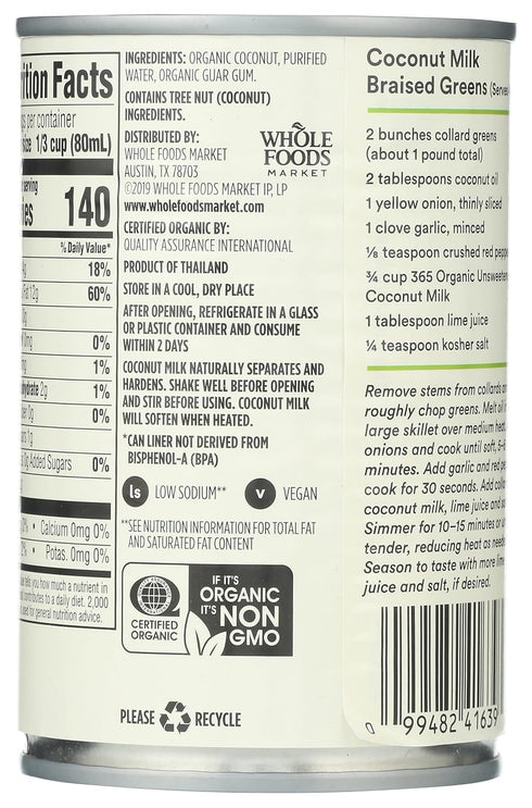 365 by Whole Foods Market 13.5 Oz , Organic Coconut Milk, Fl