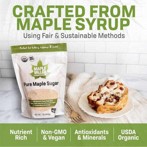 1 lb Maple Valley Organic Pure Maple Sugar Granulated, Natural Sugar Alternative, Good in Coffee, Baking, Cooking, Made