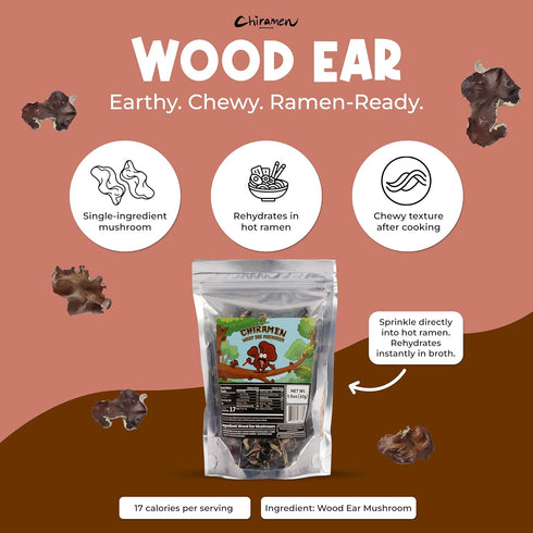 CHIRAMEN Dried Wood Ear Mushroom Ramen Toppings Black Fungus Mushroom Slices for Ramen, Cup Noodles, Soups, Hot Pot