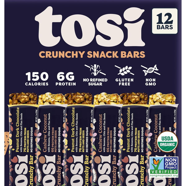 Tosi Cashew Coconut and Dark Chocolate Peanut Protein Bars Combo, Plant Based