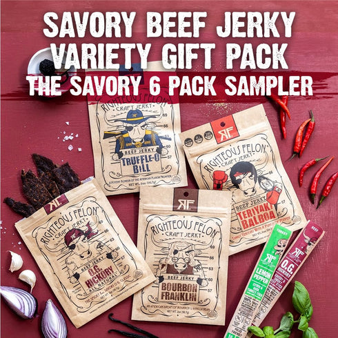 Pack Packs 6 Pack Righteous Felon Savory Beef Jerky Variety Gift - Great Gifts for Men | Gluten Free, High Protein
