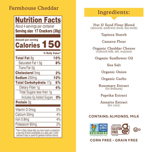 4.25 (Pack 1) Simple Mills Almond Flour Crackers, Farmhouse Cheddar - Gluten Free, Healthy Snacks, Plant Based, Ounce