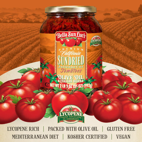 35Oz Bella Sun Luci Sun Dried Tomatoes Julienne Cut in Olive Oil, Glass Jar, Mediterranean Italian Style Sun-Ripened