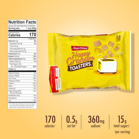 32 OZ Malt-O-Meal Honey Graham Toasters Breakfast Cereal, Honey Graham Squares, Super-Size Bagged Cereal, Resealable