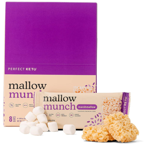 Perfect Keto Mallow Munch - Gluten Free Cereal Bars, Low Sugar, High Protein Snack, 8 Pack