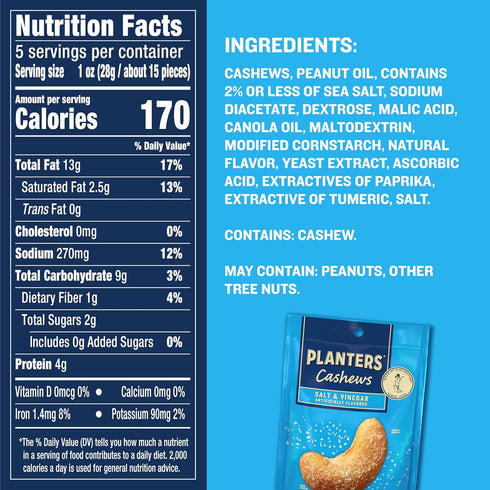 Packs Pack, 5 Oz 1 Pack PLANTERS Cashews Salt & Vinegar - Trail Mix Snack - Snacks, Snack Party Trail Mix, Bag