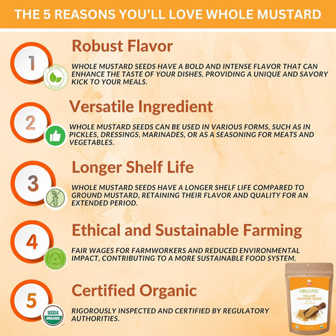 16oz (454G) Spicy Organic Yellow Mustard Seed Whole Seeds for Pickling, Spice Blends, Sauces & Cooking | USDA Organic
