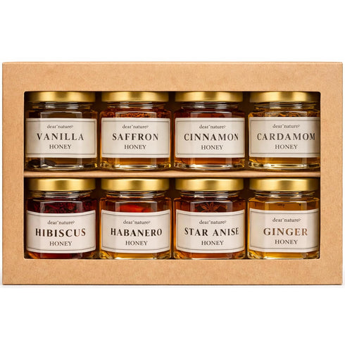 Dear Nature Infused Honey Gift Set 8 Flavor Infused Honey Variety Pack Saffron, Cardamom,