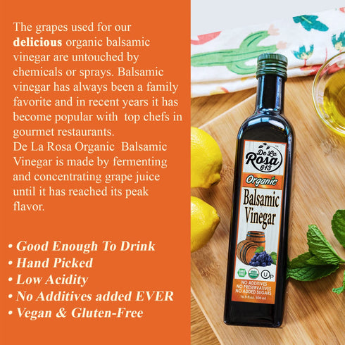 16.9 oz (Pack 1) De La Rosa Organic Balsamic Vinegar, Kosher for Passover, Vegan & Gluten Free, Balsamic Vinegar