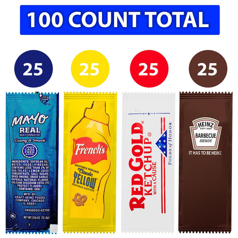 100 Count Pack Total - Variety Single Serve Pouches of Each: Ketchup, Mustard, BBQ, and Mayo - Great for Picnics