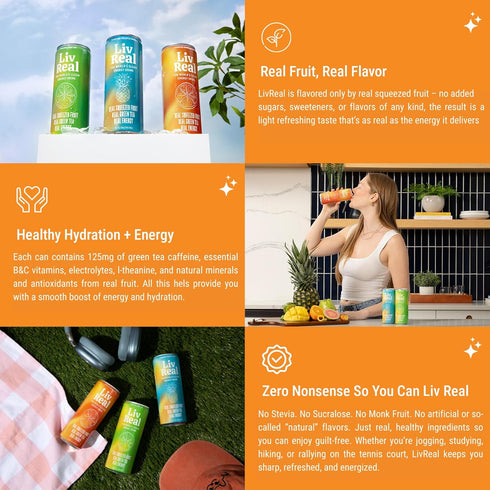 125mg 100mg Pack 12 Pack, 12 oz LivReal Clean Energy Drink Organic Green Tea Caffeine + L-Theanine Real Fruit, No