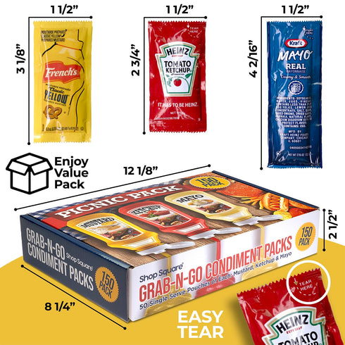 Packs (150 Pack) 50 Grab-n-Go Condiment - Single Serve Pouches of Ketchup, Mustard, & Mayo - Dispenser Box, Great